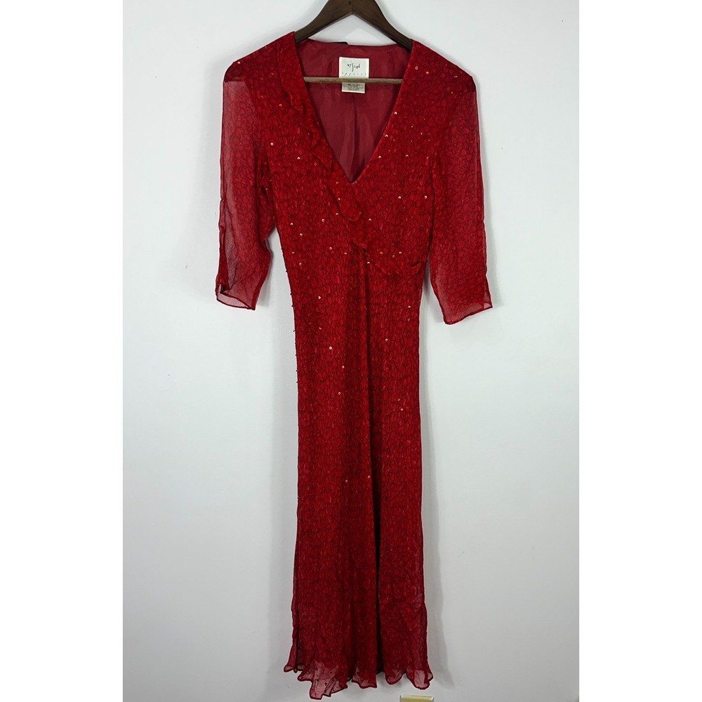 Vision Apparel Dress 6 Red Silk Sequin Sheer‎ Sleeve Midi Gown Y2K Vintage Glam
